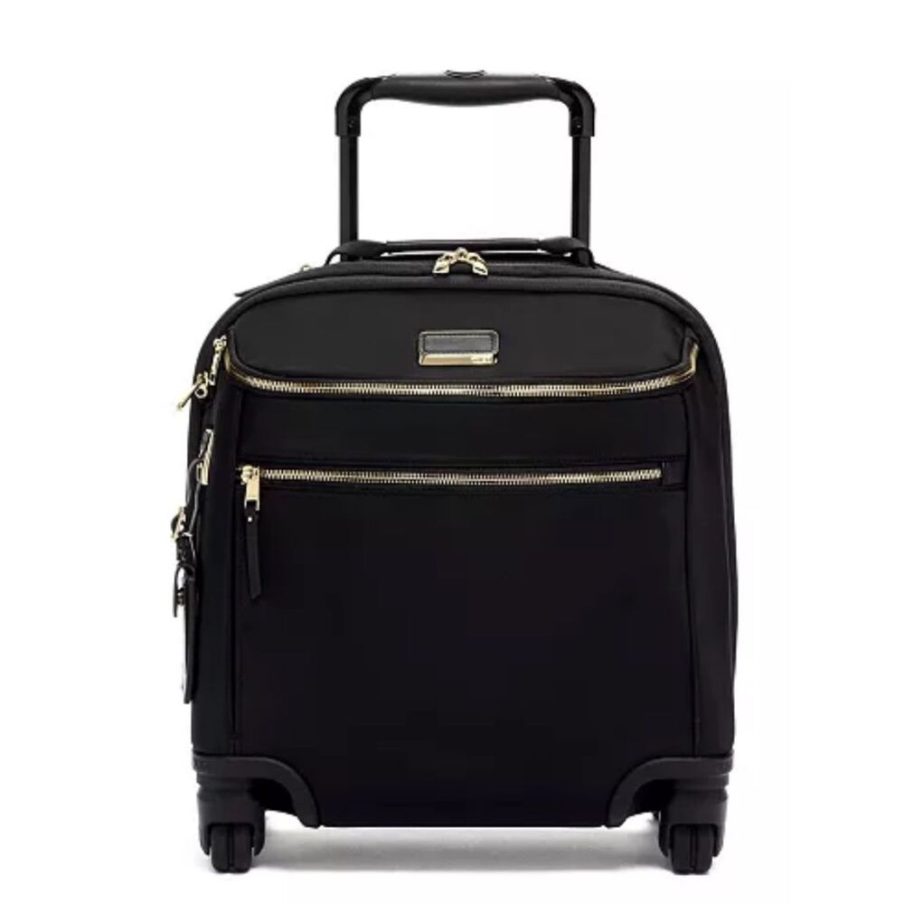 Tumi Black Voyageur Oxford Compact Carry-On Spinner with Gold Hardware